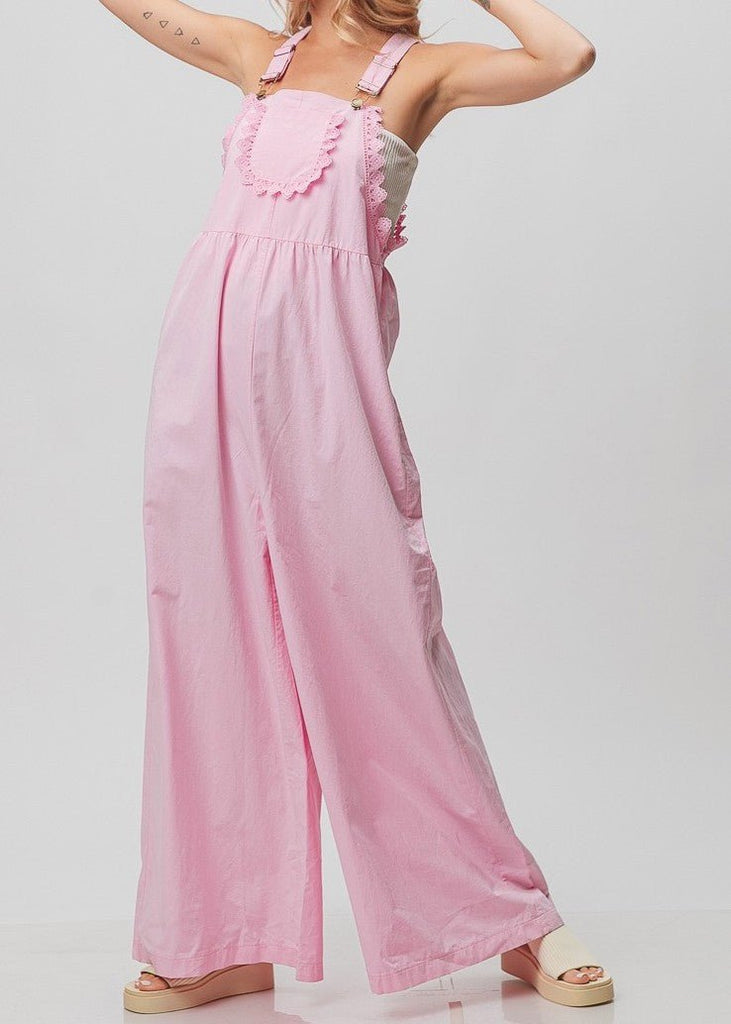 The Micheline Overalls: Pink Lace Detail Wide Leg Overalls - MomQueenBoutique