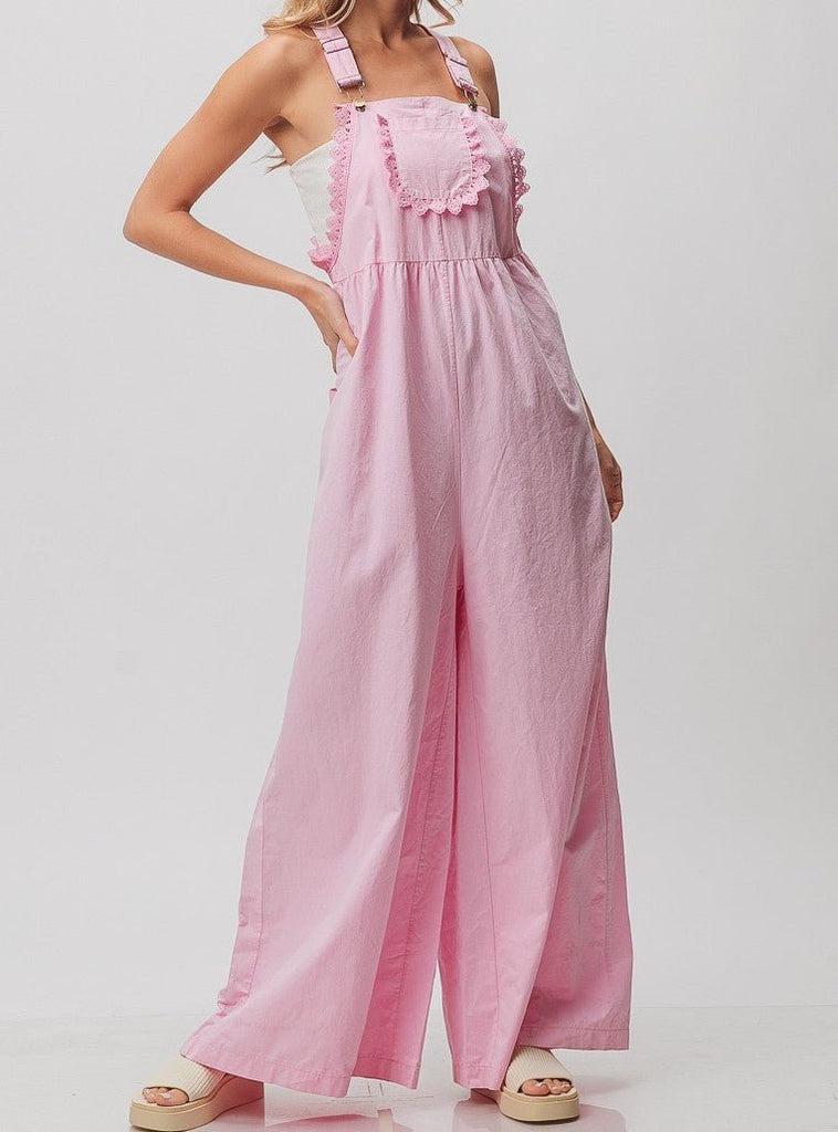 The Micheline Overalls: Pink Lace Detail Wide Leg Overalls - MomQueenBoutique