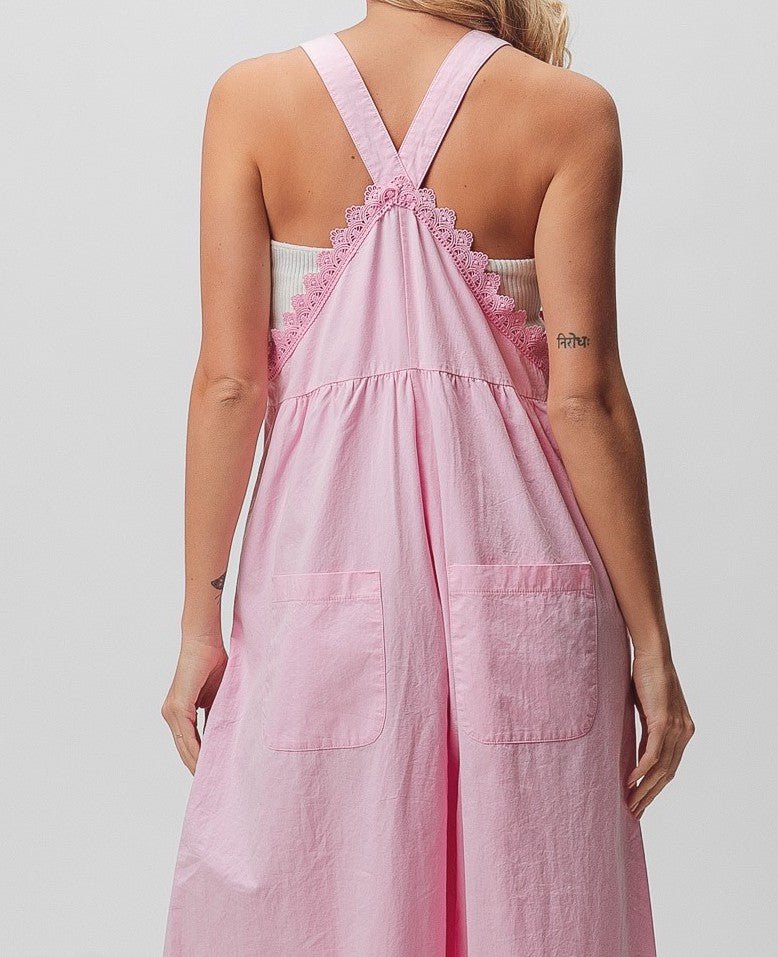 The Micheline Overalls: Pink Lace Detail Wide Leg Overalls - MomQueenBoutique