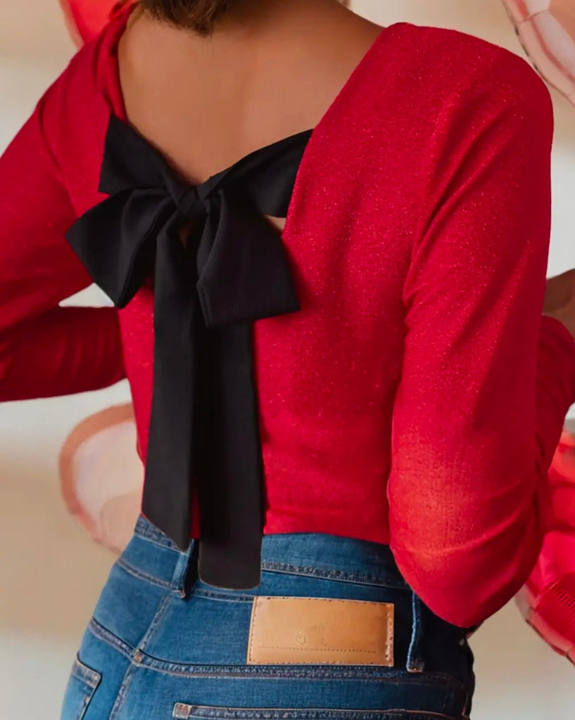 The Miranda Top: Red Back Bow Sweater - MomQueenBoutique