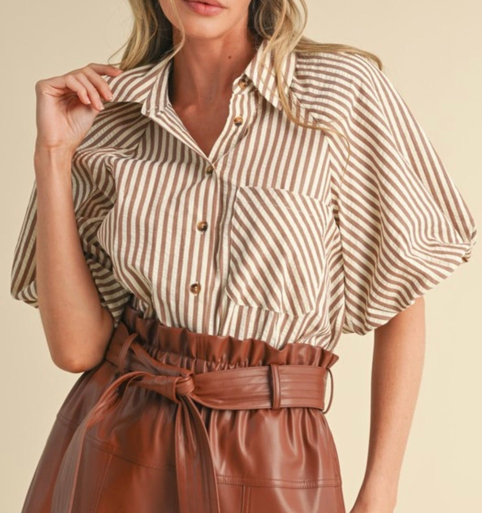 The Olympia Blouse: Cream Pecan Striped Blouse - MomQueenBoutique