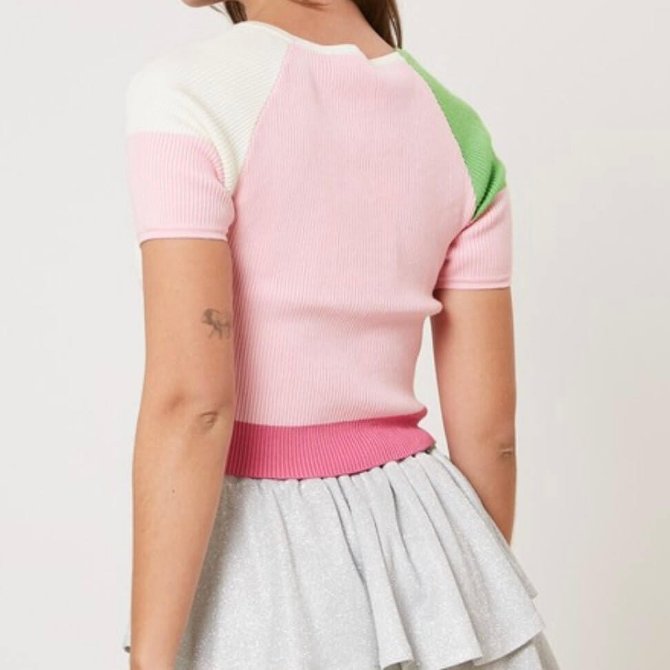 The Pippy Top: Pink Striped Short Sleeve Ribbed Sweater Top - MomQueenBoutique