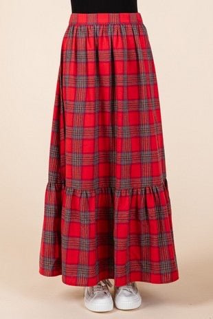 The Pretty In Plaid Maxi Skirt: Ruffled Red PlaidHoliday Skirt - MomQueenBoutique