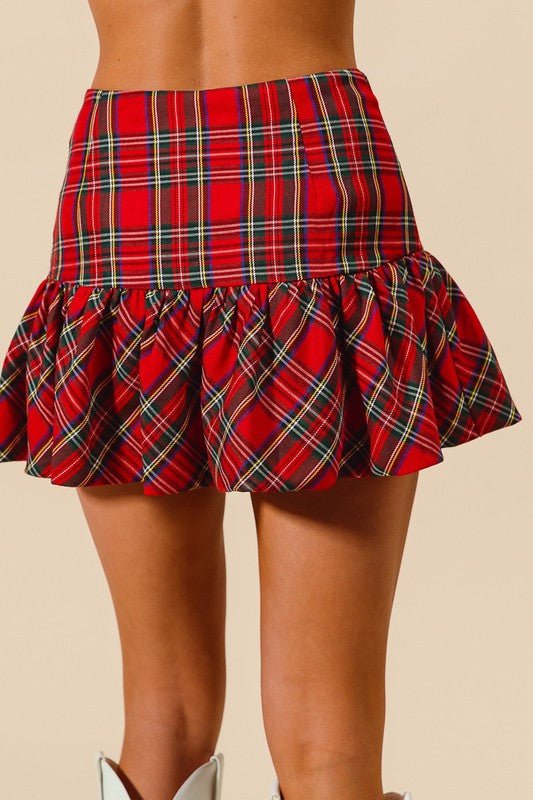 The Pretty In Plaid Mini Skirt: Christmas Plaid Riffled Mini Skirt - MomQueenBoutique