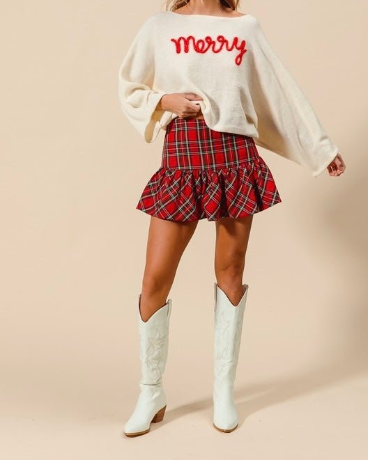 The Pretty In Plaid Mini Skirt: Christmas Plaid Riffled Mini Skirt - MomQueenBoutique