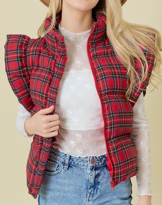 The Pretty In Plaid Puffer Vest: Red Christmas Plaid Ruffled Vest - MomQueenBoutique