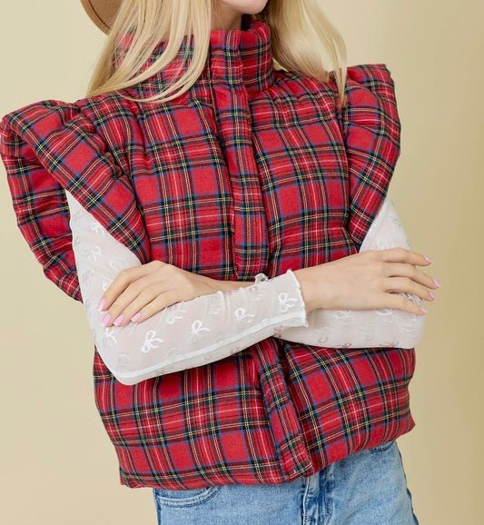 The Pretty In Plaid Puffer Vest: Red Christmas Plaid Ruffled Vest - MomQueenBoutique