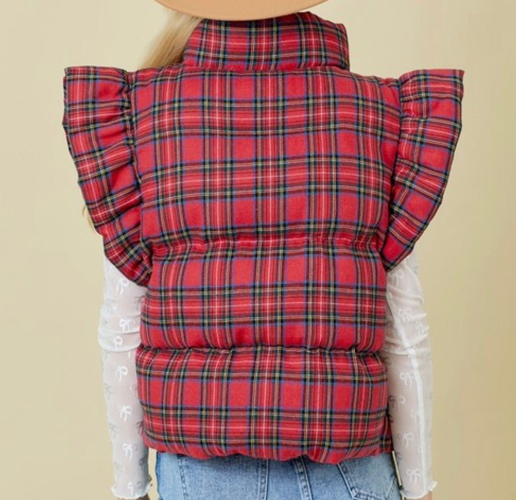 The Pretty In Plaid Puffer Vest: Red Christmas Plaid Ruffled Vest - MomQueenBoutique