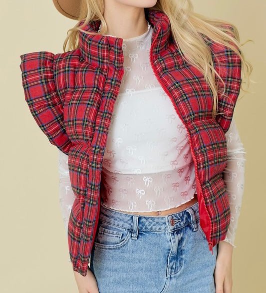 The Pretty In Plaid Puffer Vest: Red Christmas Plaid Ruffled Vest - MomQueenBoutique