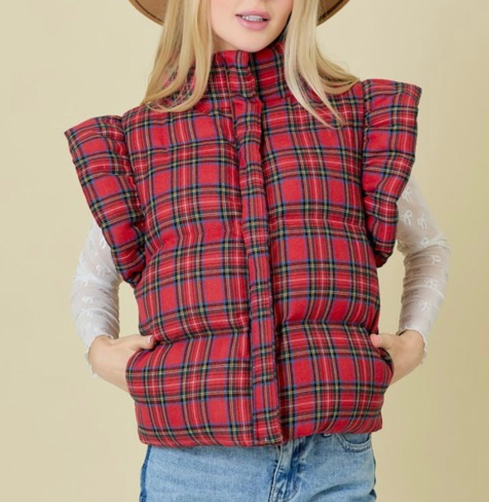 The Pretty In Plaid Puffer Vest: Red Christmas Plaid Ruffled Vest - MomQueenBoutique