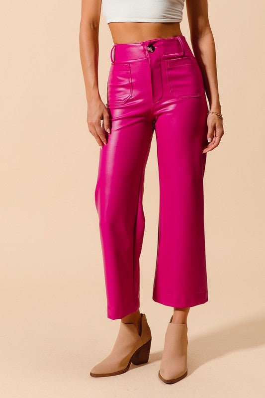 The Priscilla Pants: Pink Leather Wide Leg Cropped Pants - MomQueenBoutique