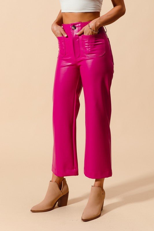 The Priscilla Pants: Pink Leather Wide Leg Cropped Pants - MomQueenBoutique