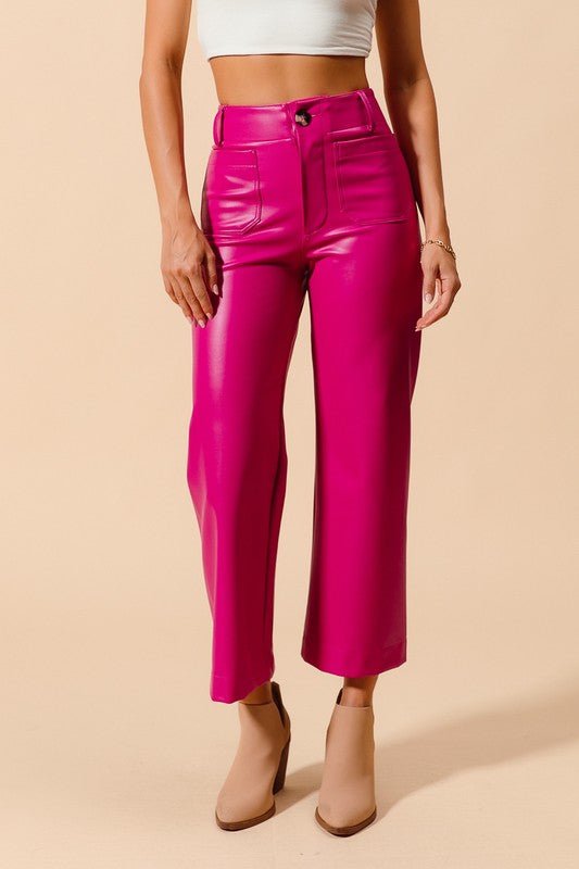 The Priscilla Pants: Pink Leather Wide Leg Cropped Pants - MomQueenBoutique