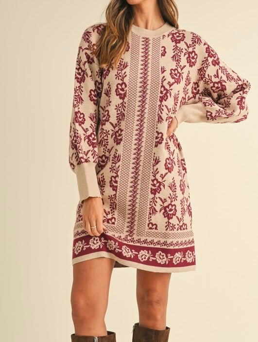 The Raegan Sweater Dress: Jacquard Print Sweater Dress - MomQueenBoutique