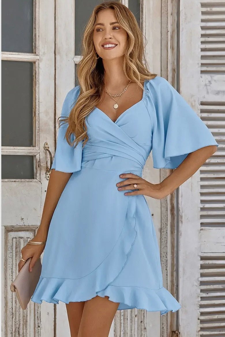 The Regina Dress: Ruffle TrimMini Wrap Dress - MomQueenBoutique