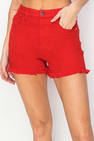 The Ruby Denim Shorts: Tummy Control High Rise Red Denim Shorts - MomQueenBoutique