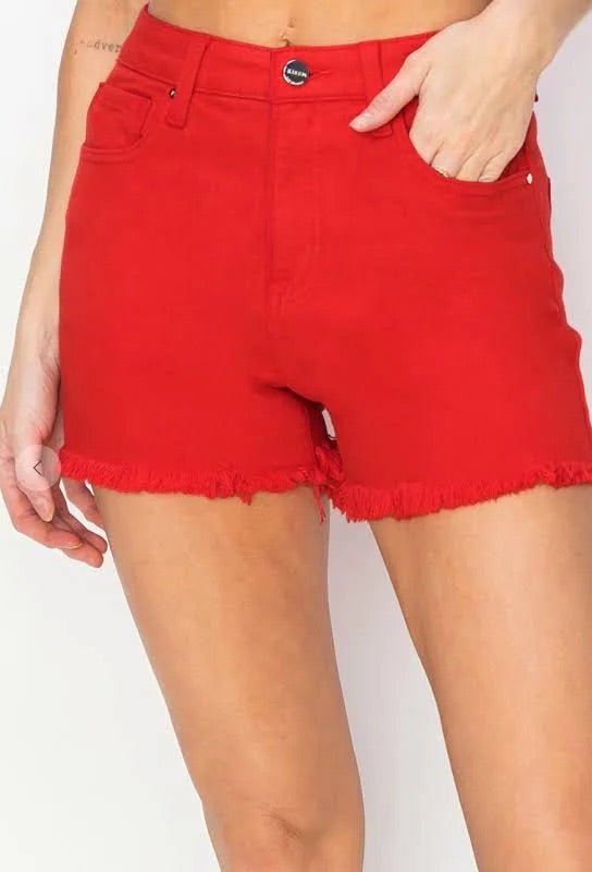 The Ruby Denim Shorts: Tummy Control High Rise Red Denim Shorts - MomQueenBoutique