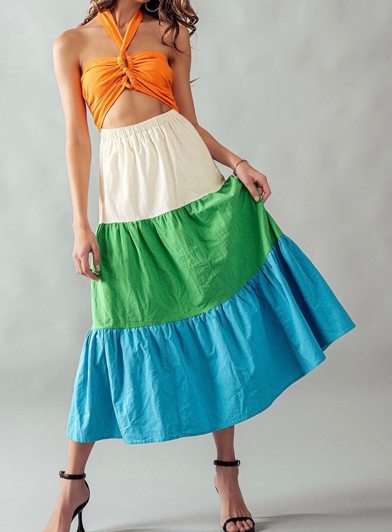 The Saddle Dress- Color Block Midi Dress - MomQueenBoutique