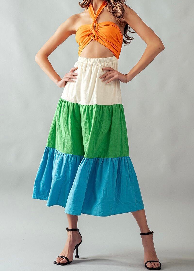 The Saddle Dress- Color Block Midi Dress - MomQueenBoutique