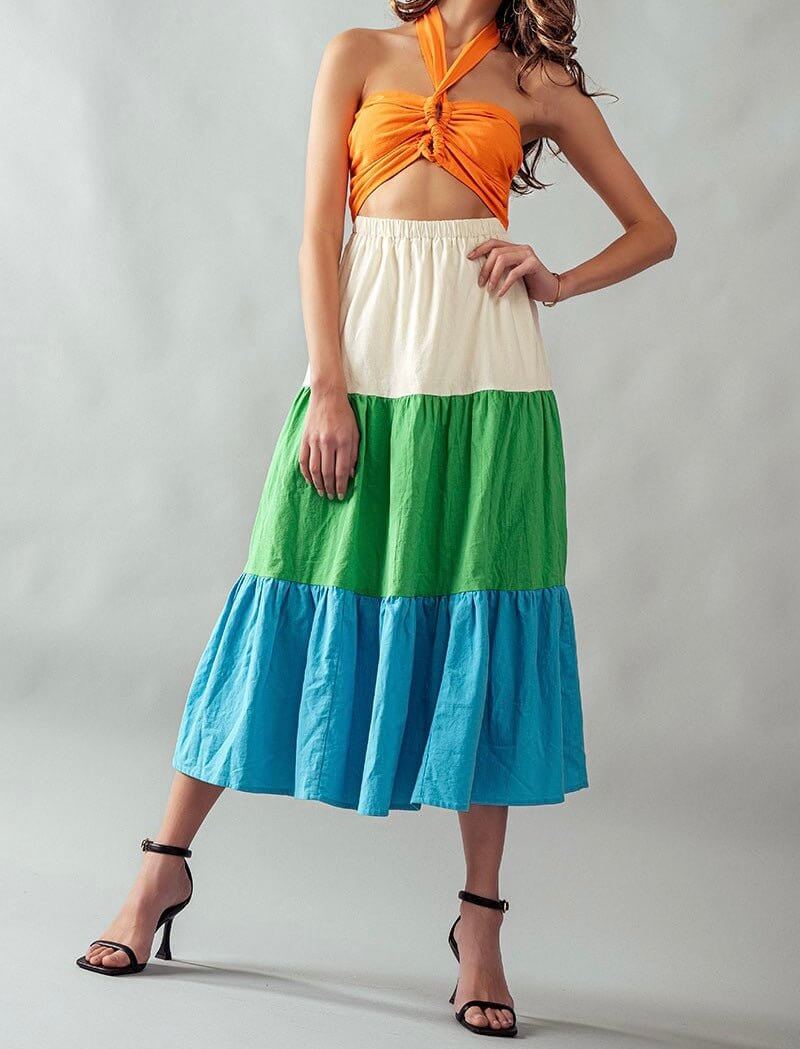 The Saddle Dress- Color Block Midi Dress - MomQueenBoutique
