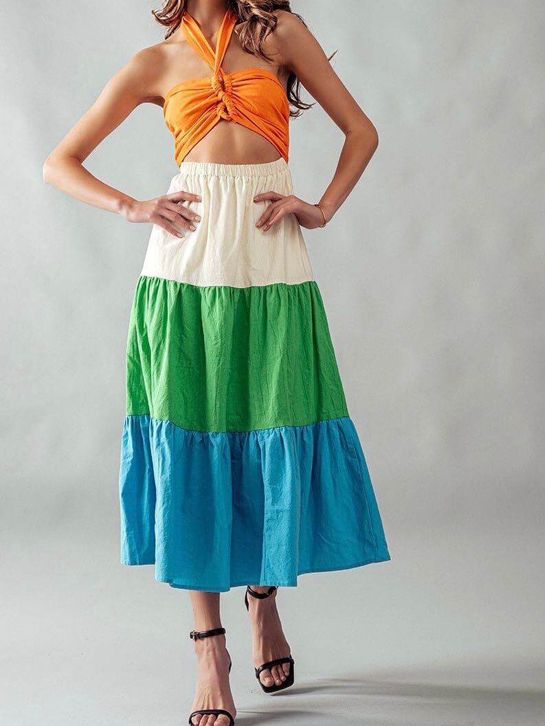 The Saddle Dress- Color Block Midi Dress - MomQueenBoutique