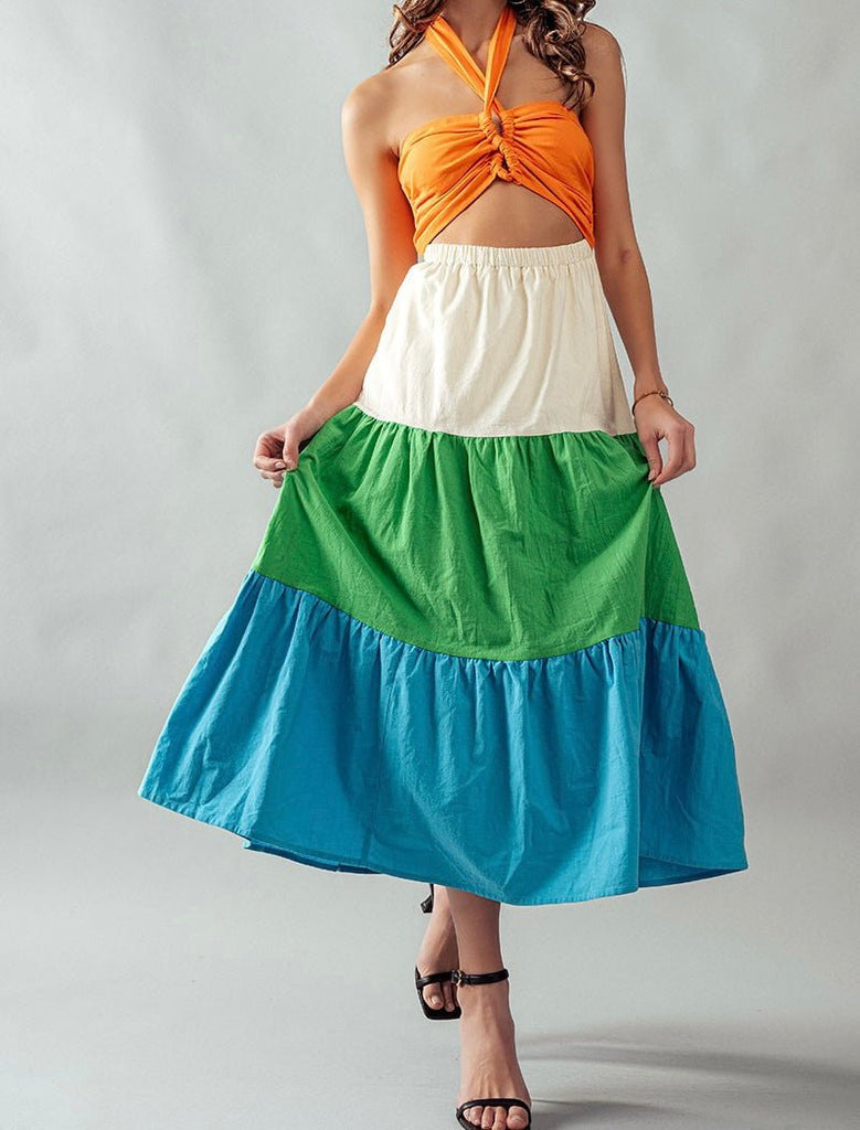 The Saddle Dress- Color Block Midi Dress - MomQueenBoutique