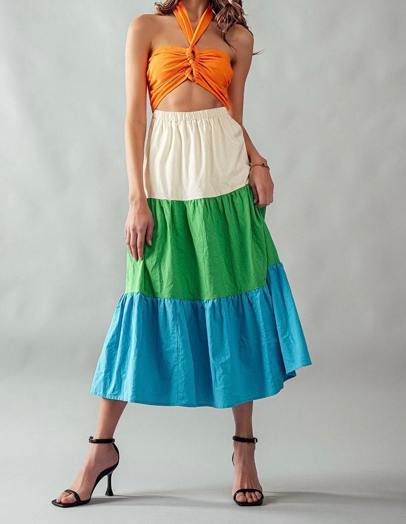 The Saddle Dress- Color Block Midi Dress - MomQueenBoutique