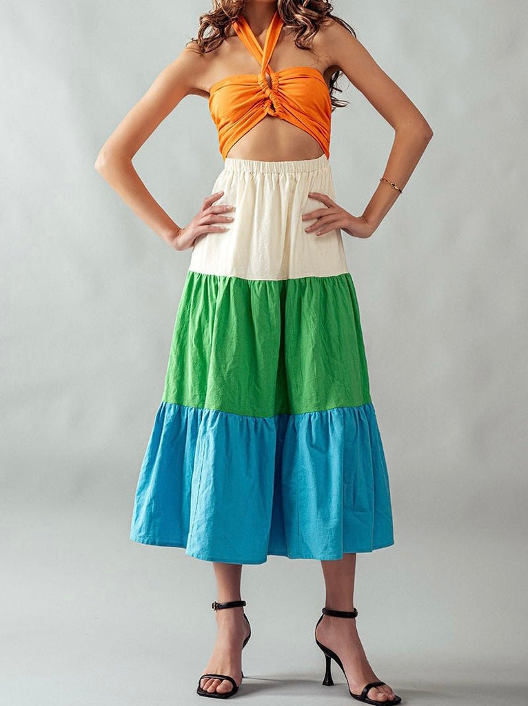 The Saddle Dress- Color Block Midi Dress - MomQueenBoutique