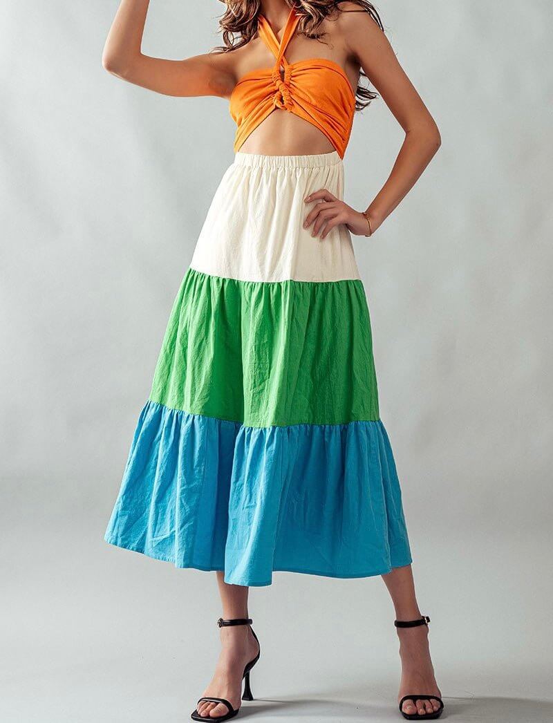The Saddle Dress- Color Block Midi Dress - MomQueenBoutique