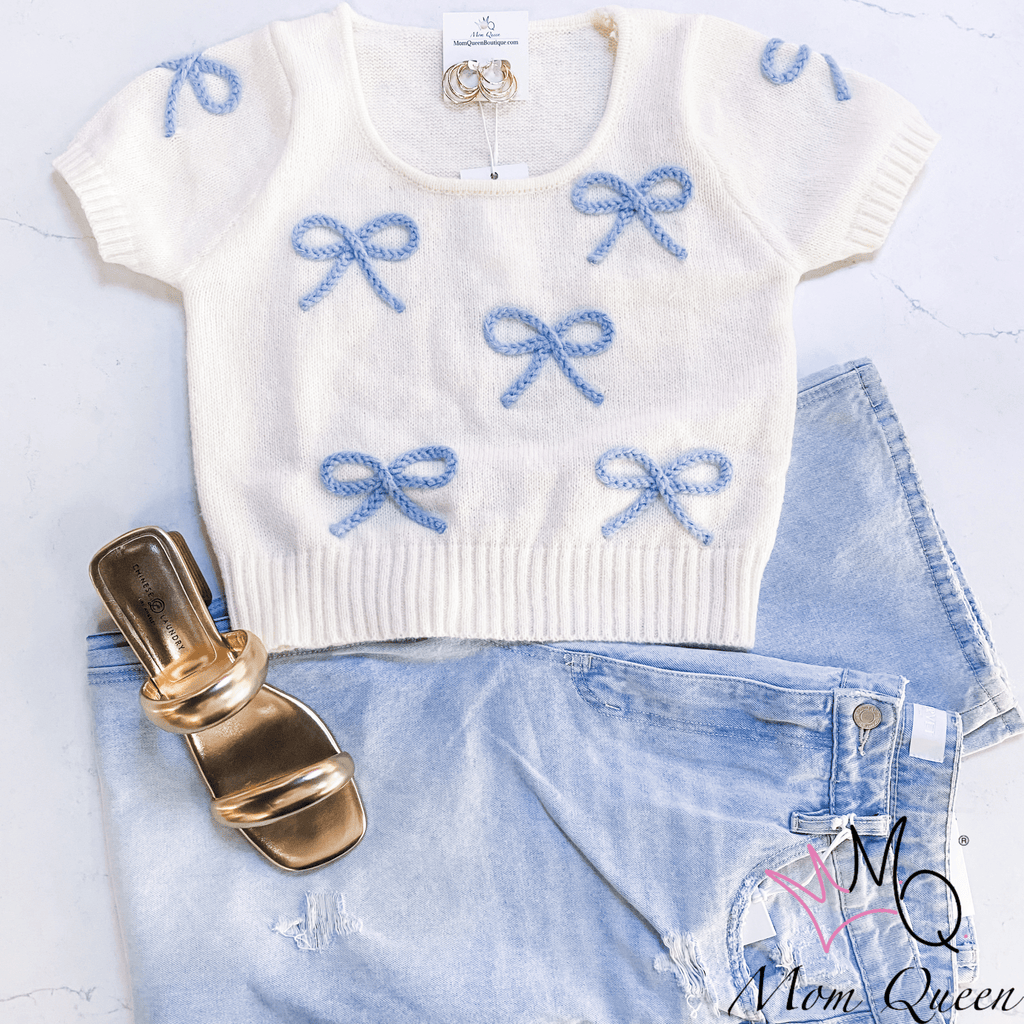 The Sawyer Sweater: Soft Short Sleeve Bow Sweater - MomQueenBoutique
