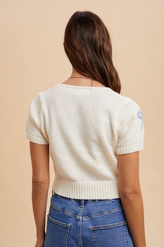 The Sawyer Sweater: Soft Short Sleeve Bow Sweater - MomQueenBoutique