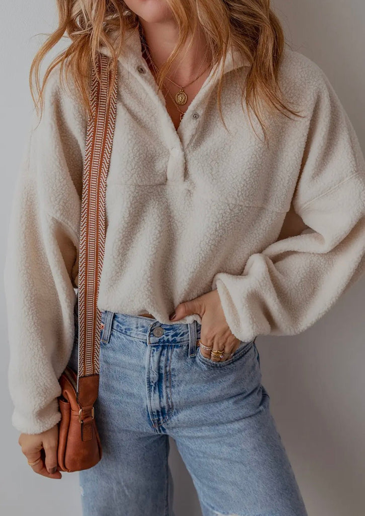 The Shawnda Sweater: Soft Cream Fleece Pullover - MomQueenBoutique