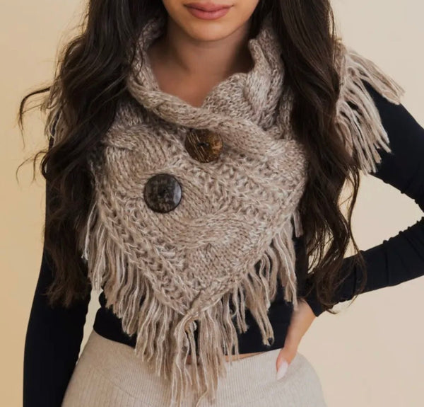 The Shay Shawl: Fringe Shoulder Warmer Scarf With Buttons - MomQueenBoutique