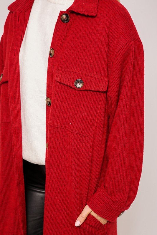 The Sherry Shacket: Red Corduroy Button Down Jacket - MomQueenBoutique