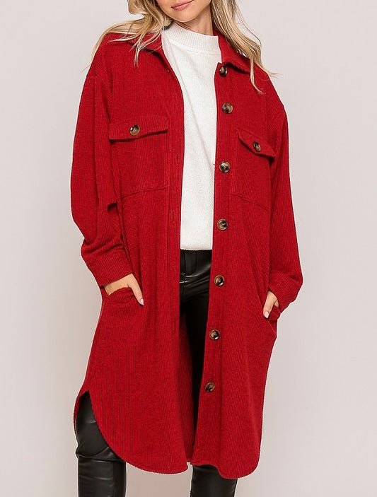 The Sherry Shacket: Red Corduroy Button Down Jacket - MomQueenBoutique