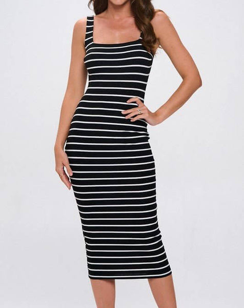 The Stacie Dress: Black White Striped Bodycon Midi Dress– MomQueenBoutique