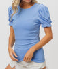 The Susan Top: Ruffled Puff Sleeve Ribbed Short Sleeve Top - MomQueenBoutique