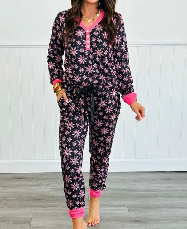 The Sweet Snowflake Pajamas: Pink & Black Christmas Pajamas Set - MomQueenBoutique