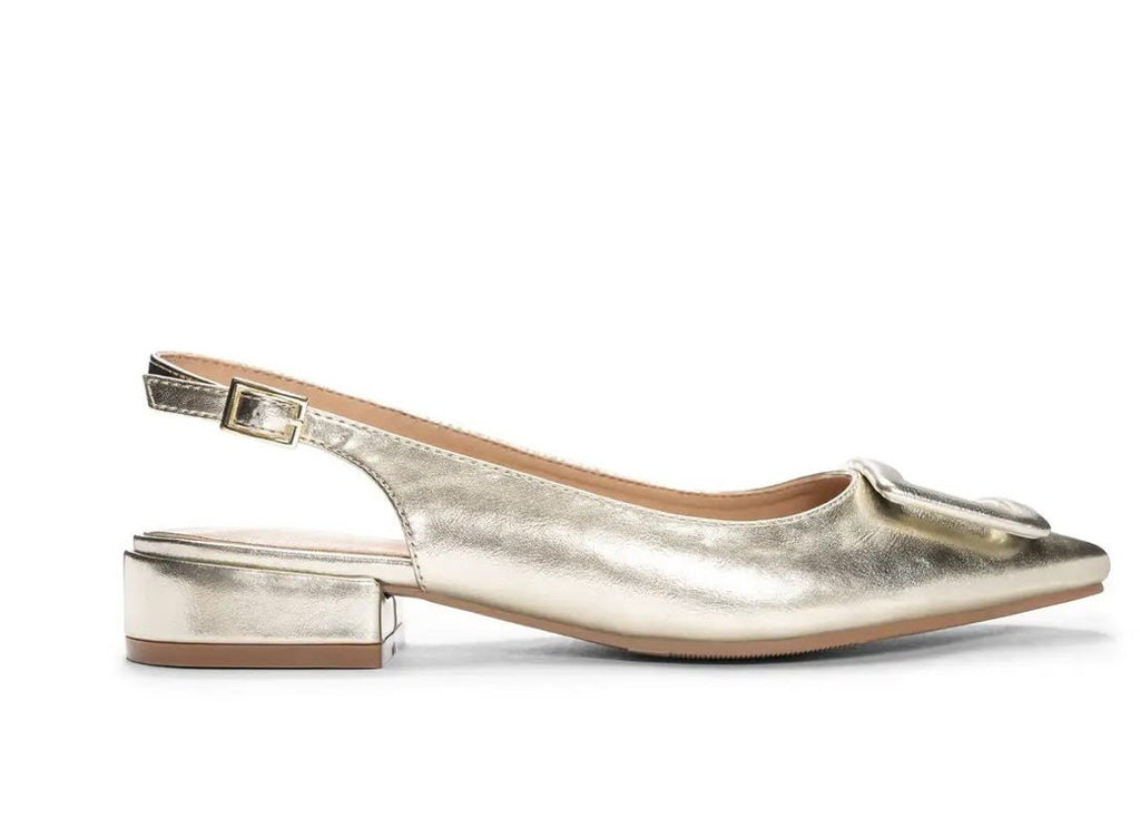 The Sweetie Slingback: Gold Metallic Buckle Flat Slide - MomQueenBoutique