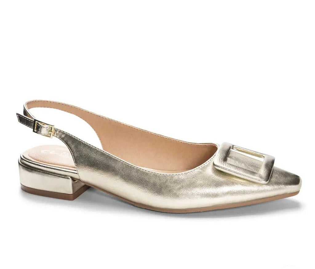 The Sweetie Slingback: Gold Metallic Buckle Flat Slide - MomQueenBoutique