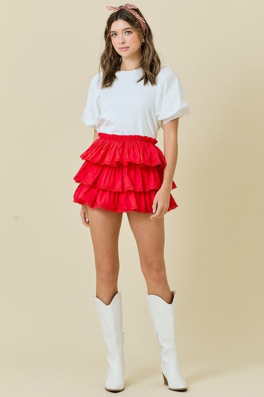 The Sydney Skort: Red Tiered Ruffle Lace Trim Skort - MomQueenBoutique