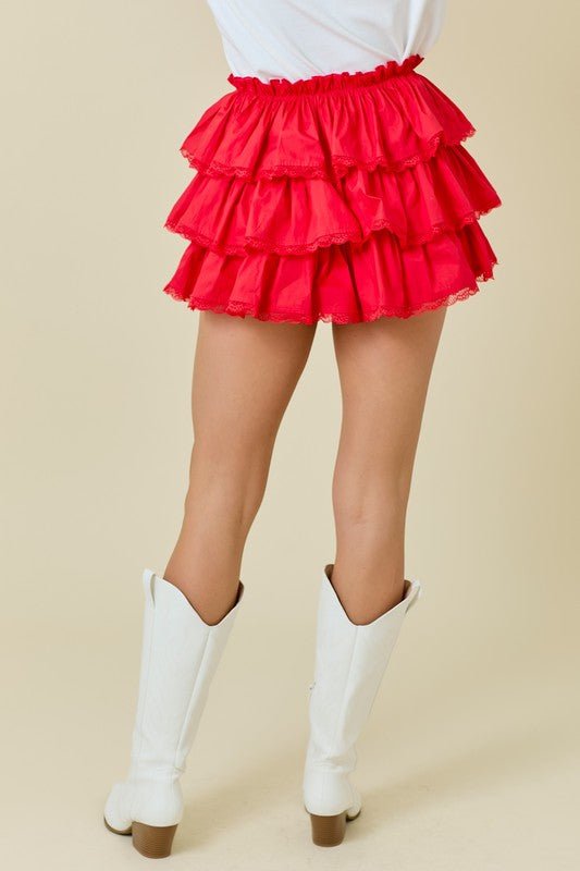 The Sydney Skort: Red Tiered Ruffle Lace Trim Skort - MomQueenBoutique