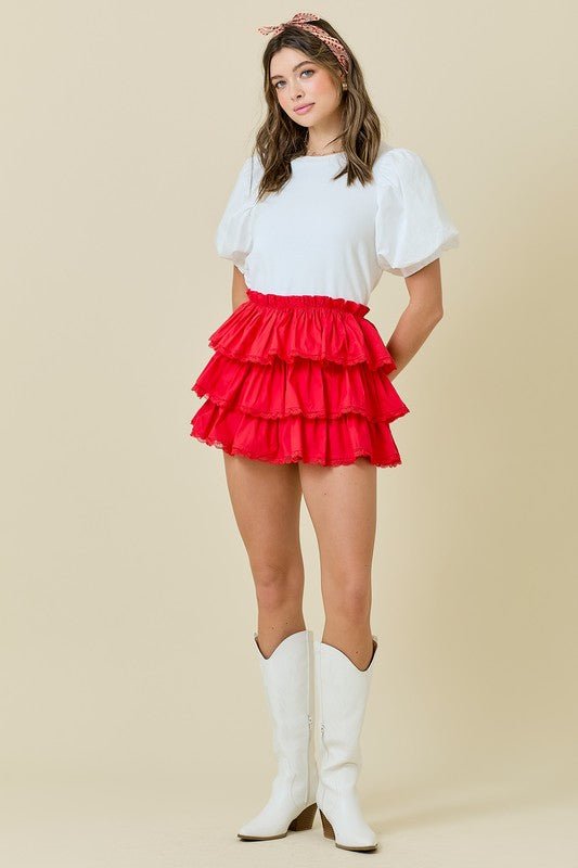 The Sydney Skort: Red Tiered Ruffle Lace Trim Skort - MomQueenBoutique