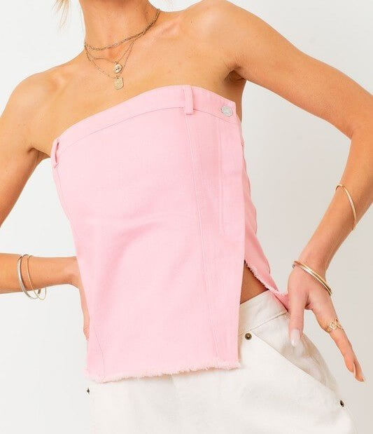 white christmas dresses Washed Blush Pink Button Front Strapless Denim Mini Dress main image 1