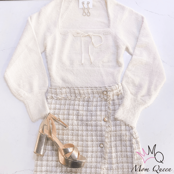 The Theresa Skirt: Cream & Gold Tweed Mini Skirt - MomQueenBoutique