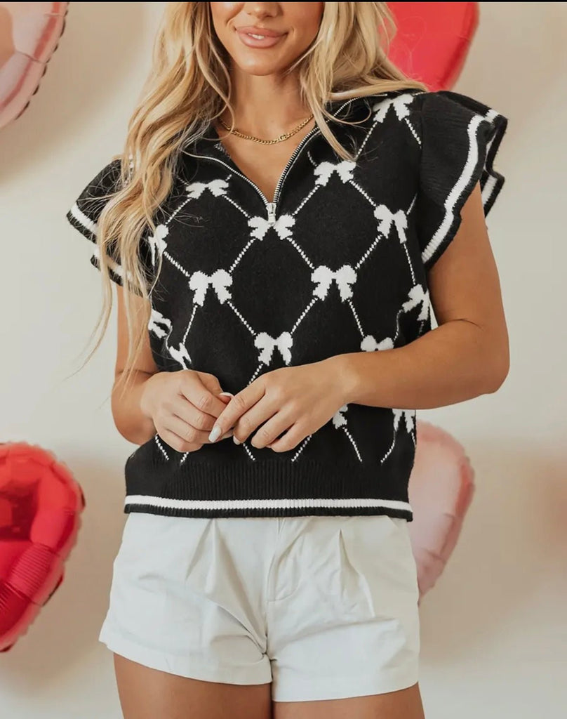 The Tisha Sweater Vest: Bow Print Zip Up Sweater Vest - MomQueenBoutique