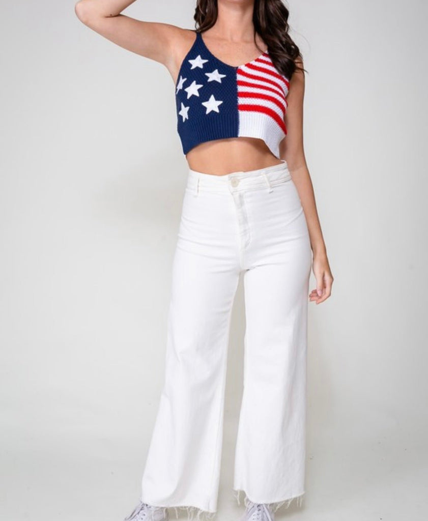 The USA Hottie Top: American Flag Knit Crop Top - MomQueenBoutique