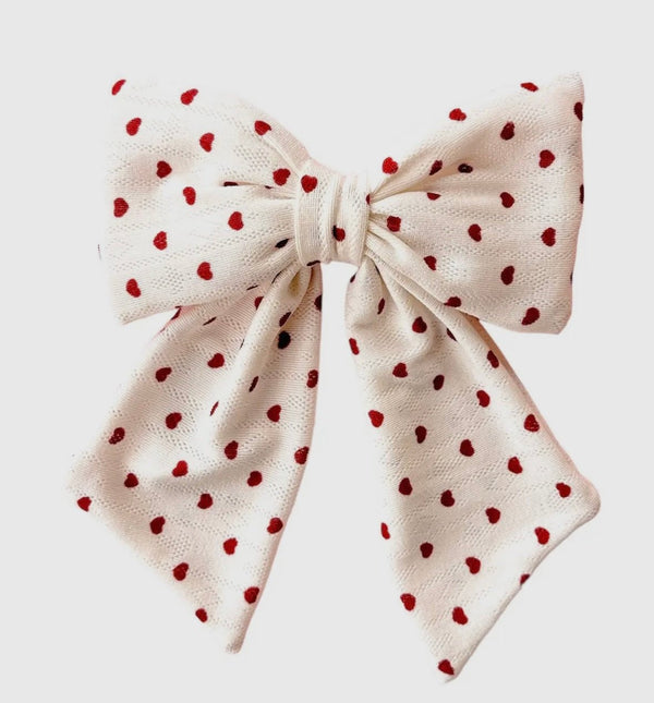Be My Valentine Bow: White & Red Heart Print Hair Bow - MomQueenBoutique