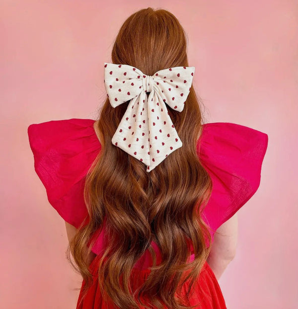 Be My Valentine Bow: White & Red Heart Print Hair Bow - MomQueenBoutique