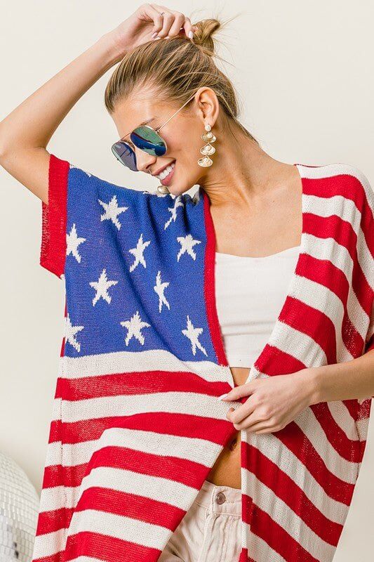 Born In The USA Cardigan: Lightweight American Flag Cardigan - MomQueenBoutique